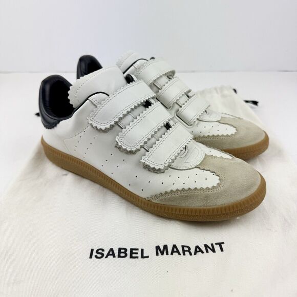 Isabel Marant Women's Beth Sneakers EU38 Leather Suede White Black US8 3 Straps - Picture 1 of 16